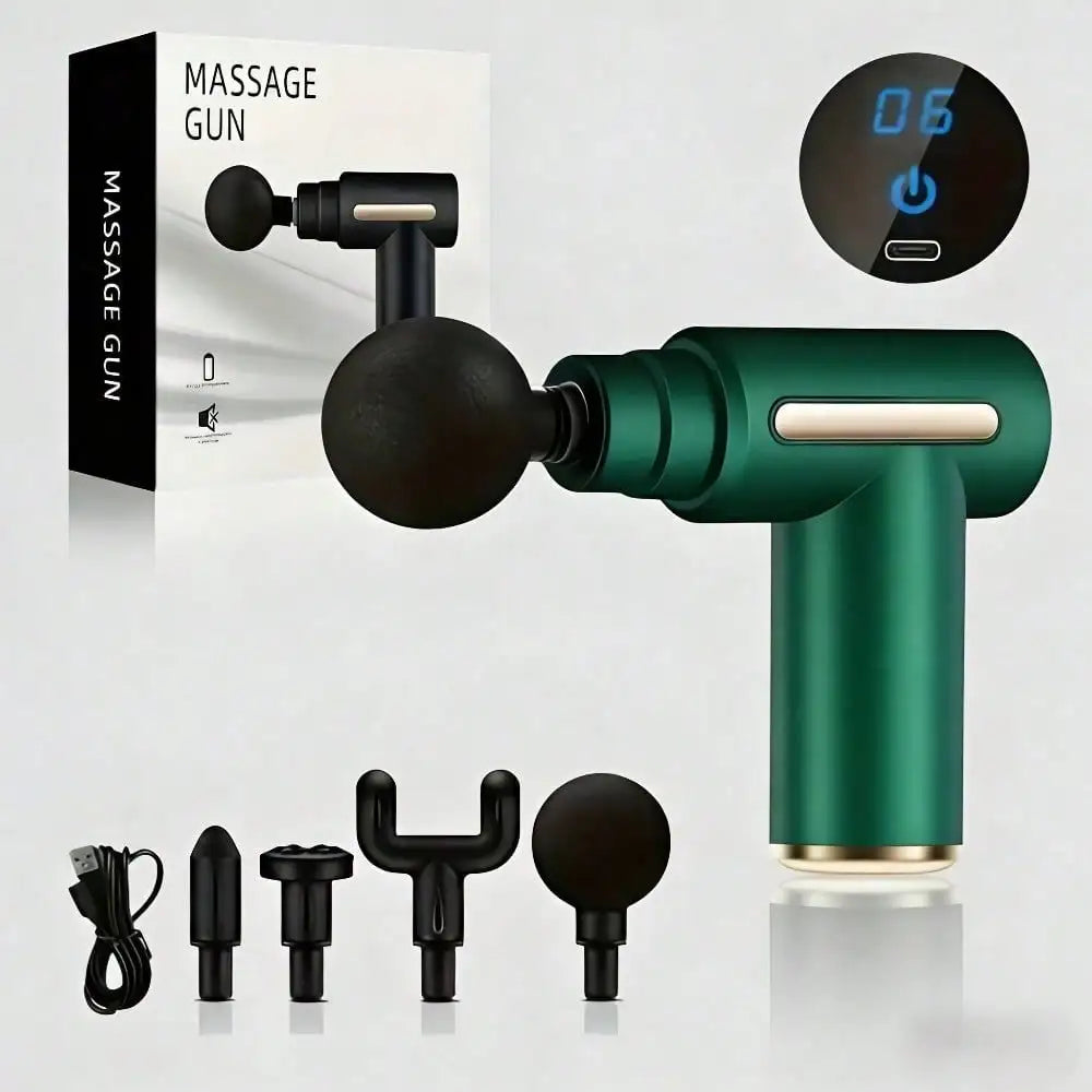 Pistola de Masaje Eléctrica Profesional – Masajeador Muscular con Pantalla LED y 4 Cabezales