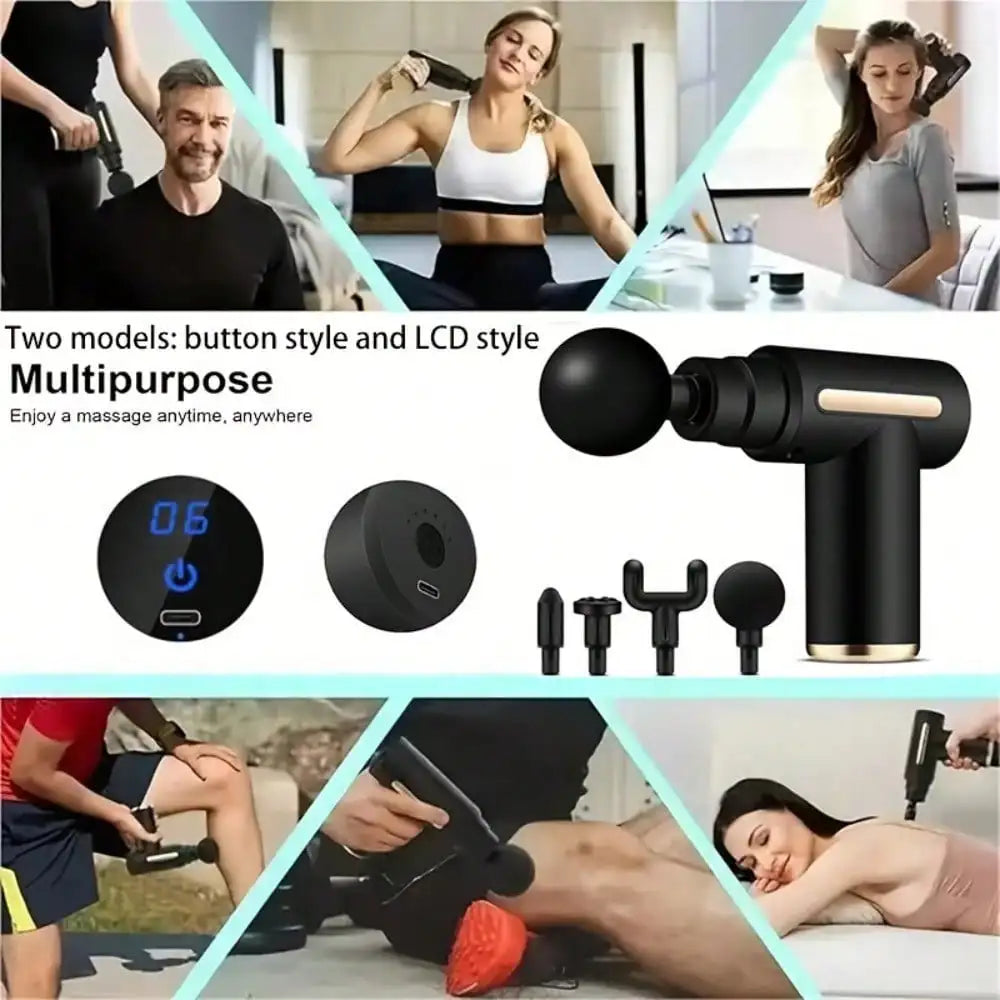 Pistola de Masaje Eléctrica Profesional – Masajeador Muscular con Pantalla LED y 4 Cabezales