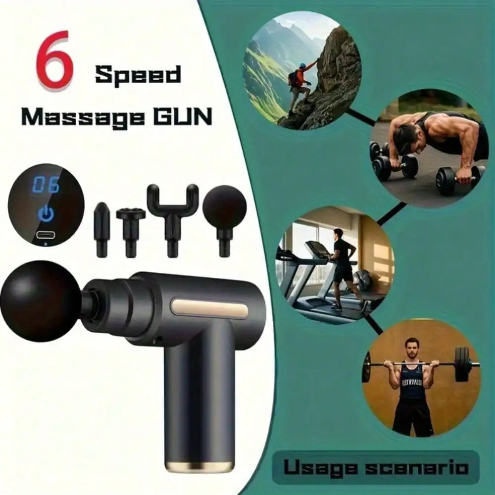Pistola de Masaje Eléctrica Profesional – Masajeador Muscular con Pantalla LED y 4 Cabezales