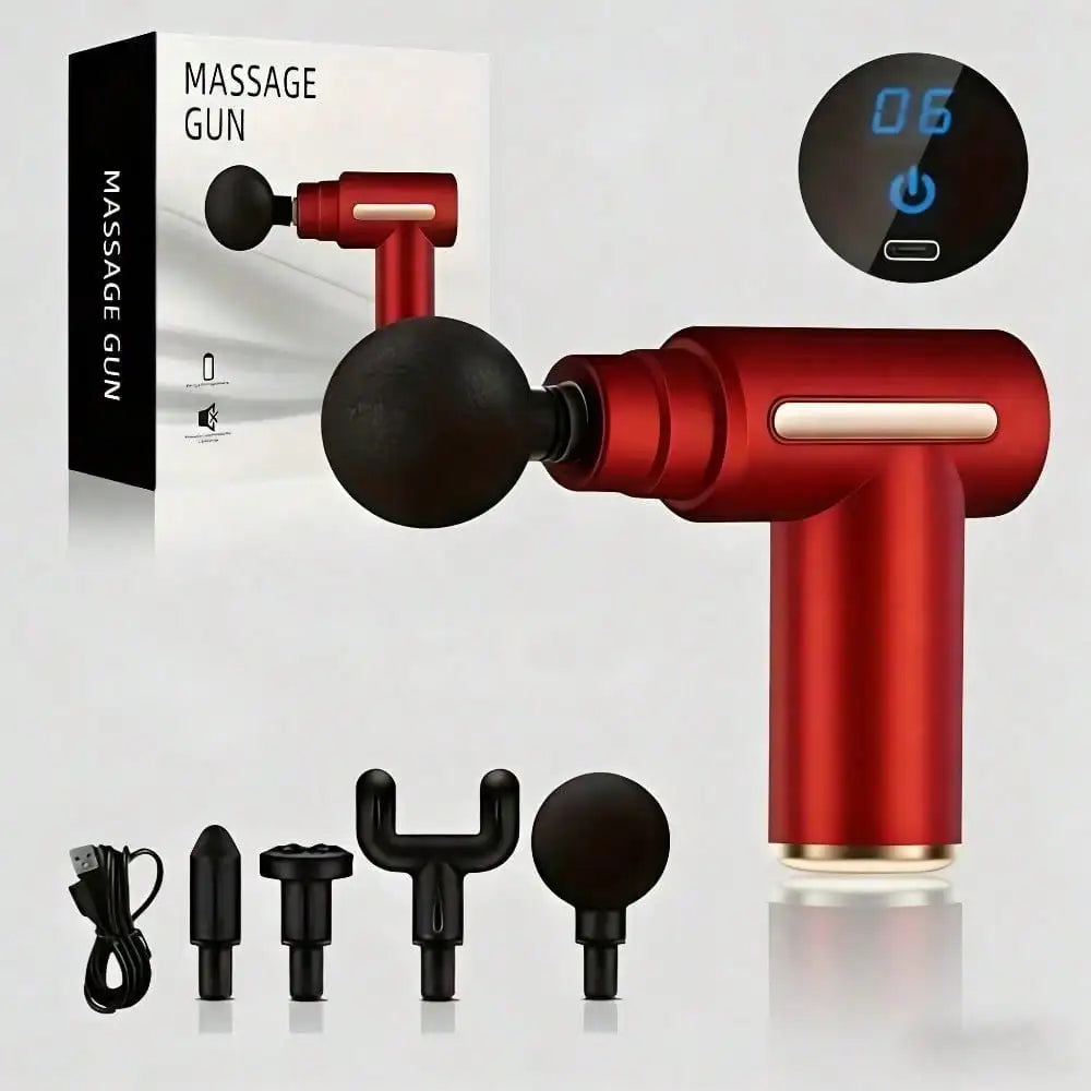 Pistola de Masaje Eléctrica Profesional – Masajeador Muscular con Pantalla LED y 4 Cabezales