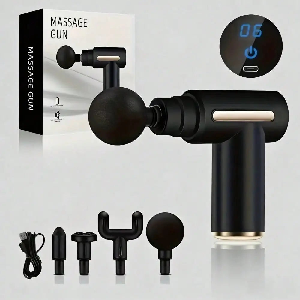 Pistola de Masaje Eléctrica Profesional – Masajeador Muscular con Pantalla LED y 4 Cabezales
